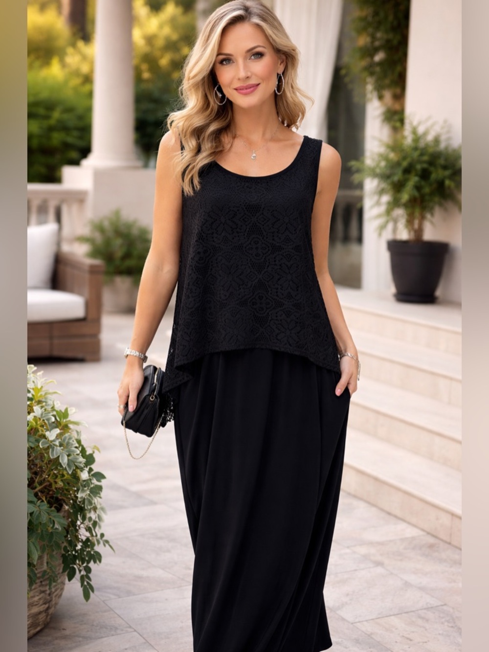SL Fashions NWT Elegant Black Lace Overlay Maxi Dress – Timeless Evening Style